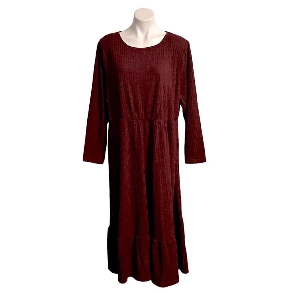 Bloomchic Ribbed Long Sleeve Maxi Dress Size 22-24 Burgundy New